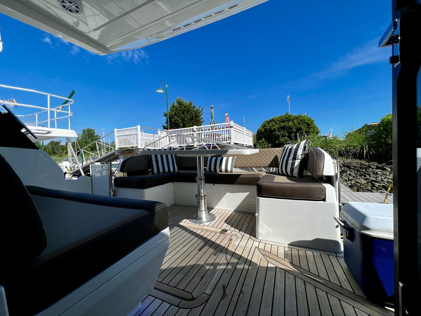 Galeon 425 HTS aft deck teak seating private yacht Boston Harbor