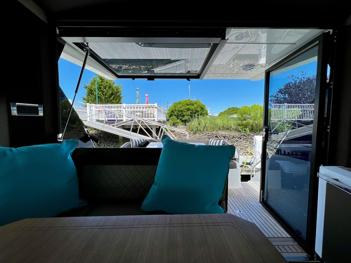 Galeon 425 HTS aft deck teak seating private yacht Boston Harbor